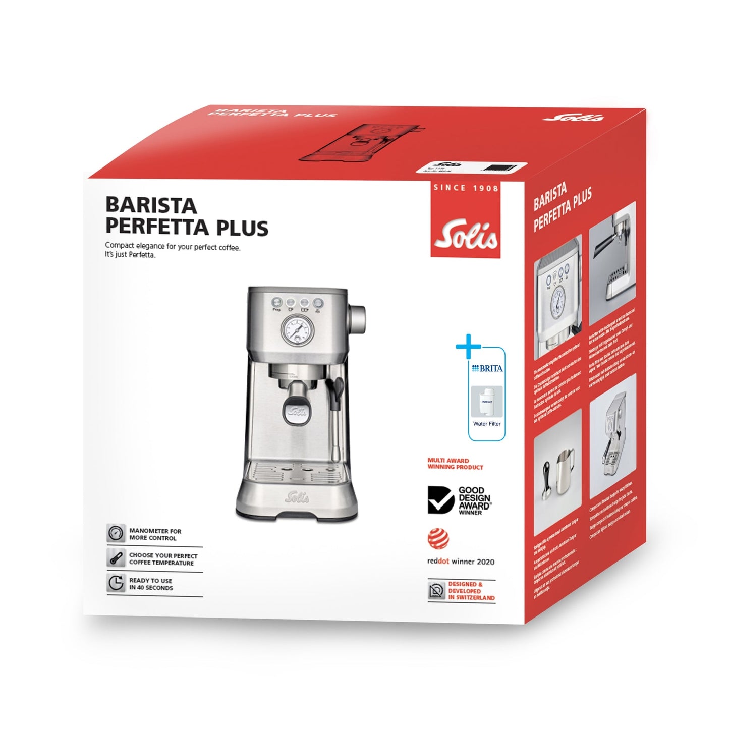 Solis Barista Perfetta Plus Silber - Produktverpackung mit BRITA Wasserfilter und Zubehör