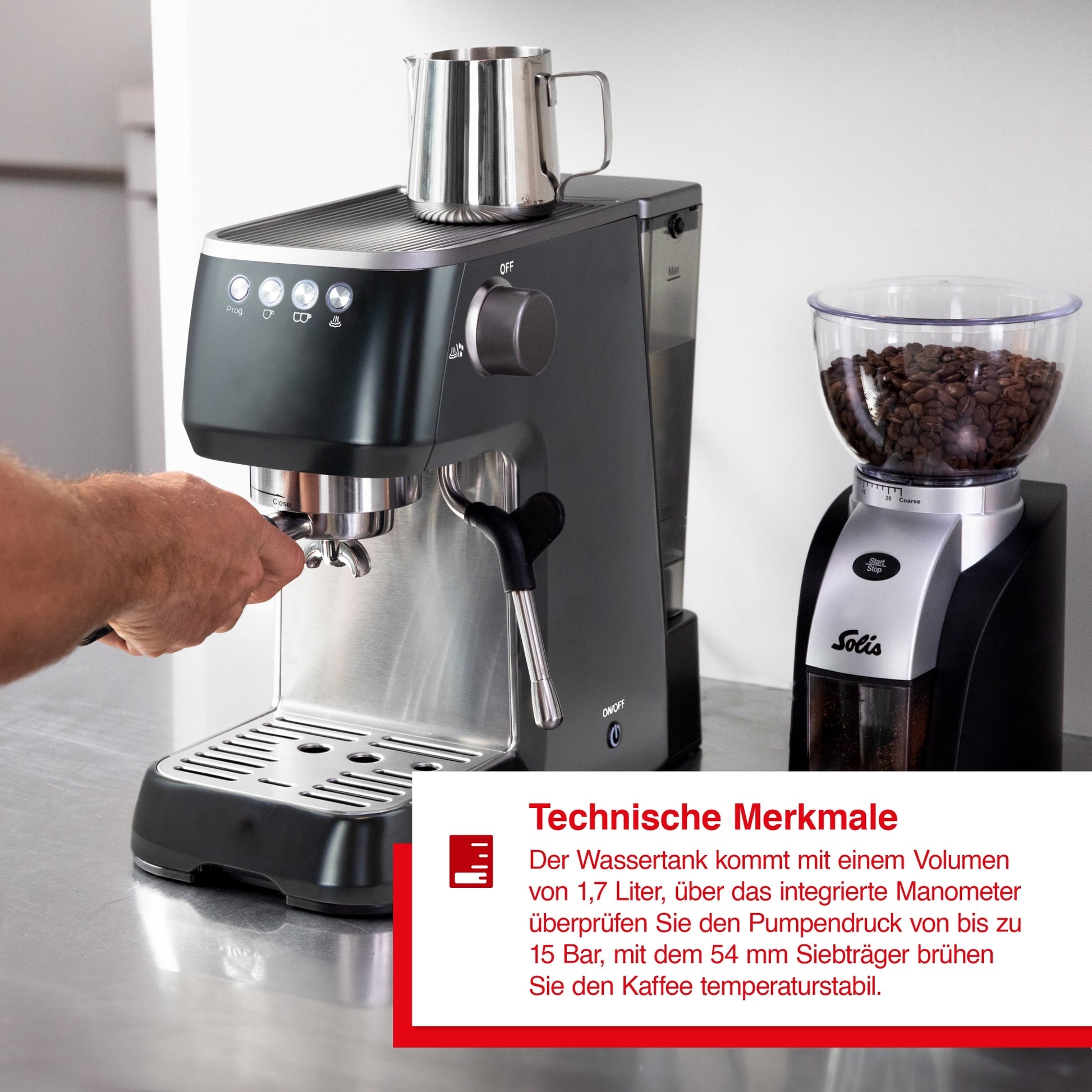 Solis Barista Perfetta Plus Schwarz mit 1,7 l Wassertank, 15 Bar Pumpendruck und 54 mm Siebträger