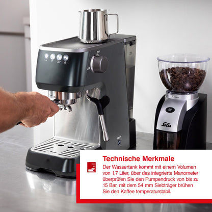 Solis Barista Perfetta Plus Schwarz mit 1,7 l Wassertank, 15 Bar Pumpendruck und 54 mm Siebträger