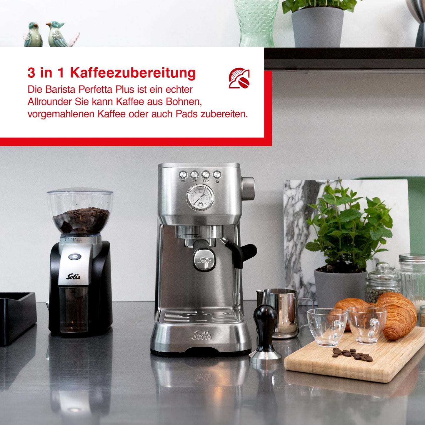 Solis Barista Perfetta Plus Silber - 3-in-1 Kaffeemaschine für Bohnen, Kaffeepulver und Pads