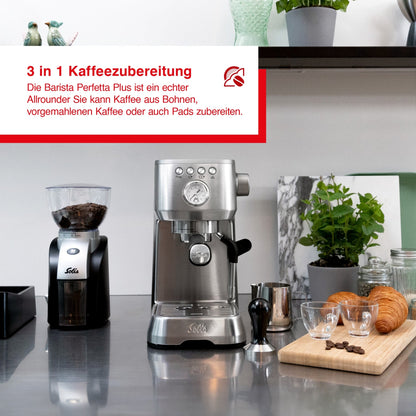 Solis Barista Perfetta Plus Silber - 3-in-1 Kaffeemaschine für Bohnen, Kaffeepulver und Pads