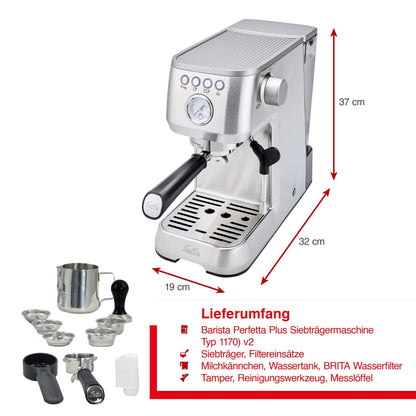 Solis Barista Perfetta Plus Silber mit Zubehör wie Siebträger, BRITA Wasserfilter, Milchkännchen und Tamper
