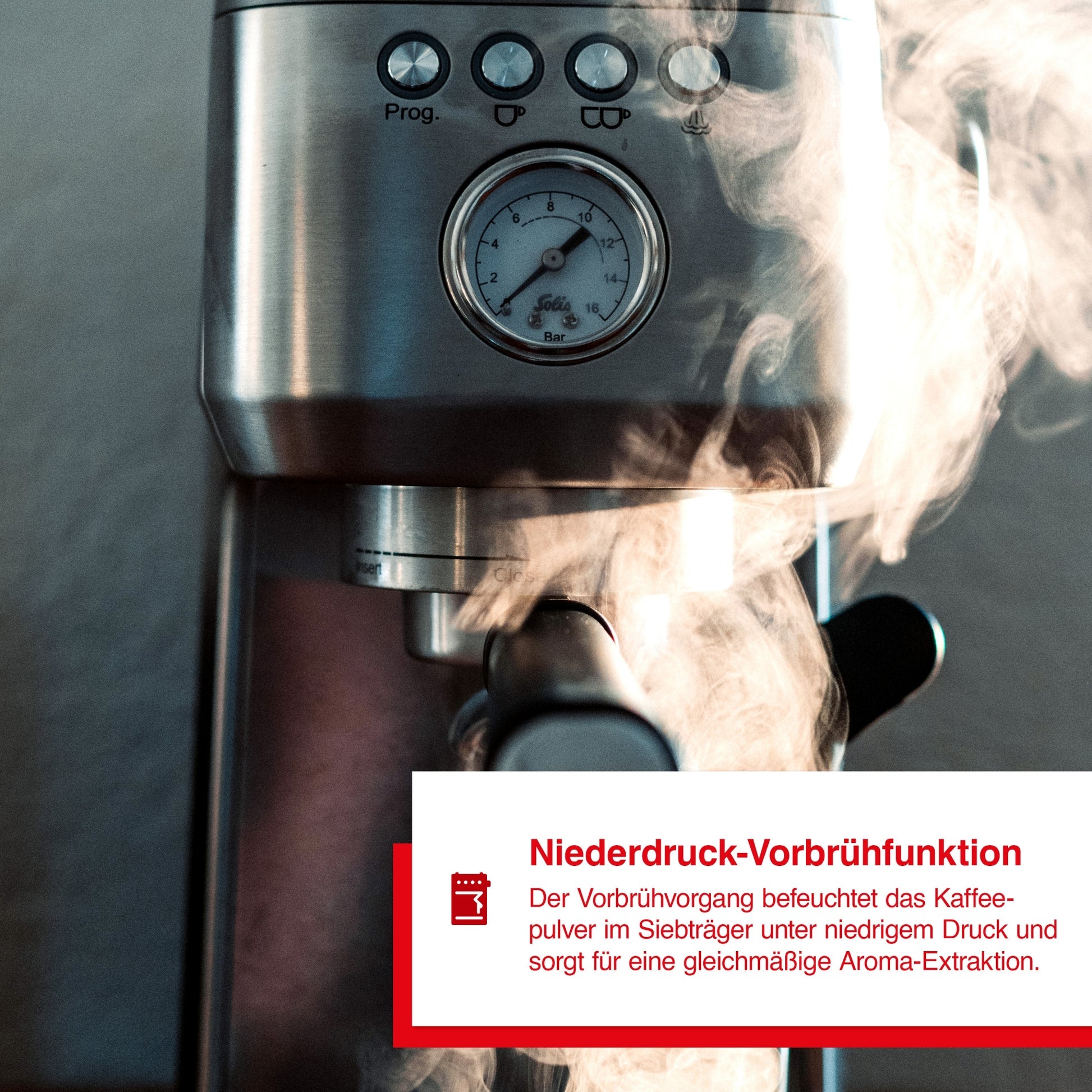 Solis Barista Perfetta Plus Silber - Niederdruck-Vorbrühfunktion für gleichmäßige Aromaextraktion
