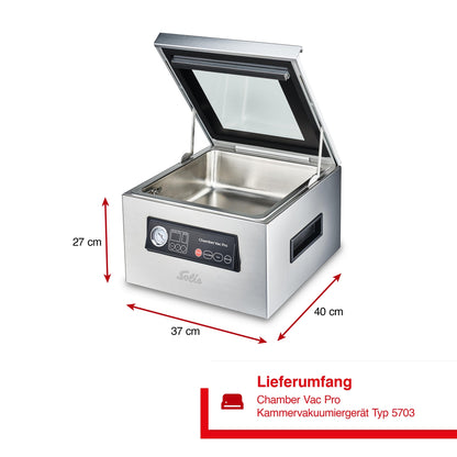 Solis Chamber Vac Pro mit Maßen 37 x 40 x 27 cm und geöffnetem Deckel.