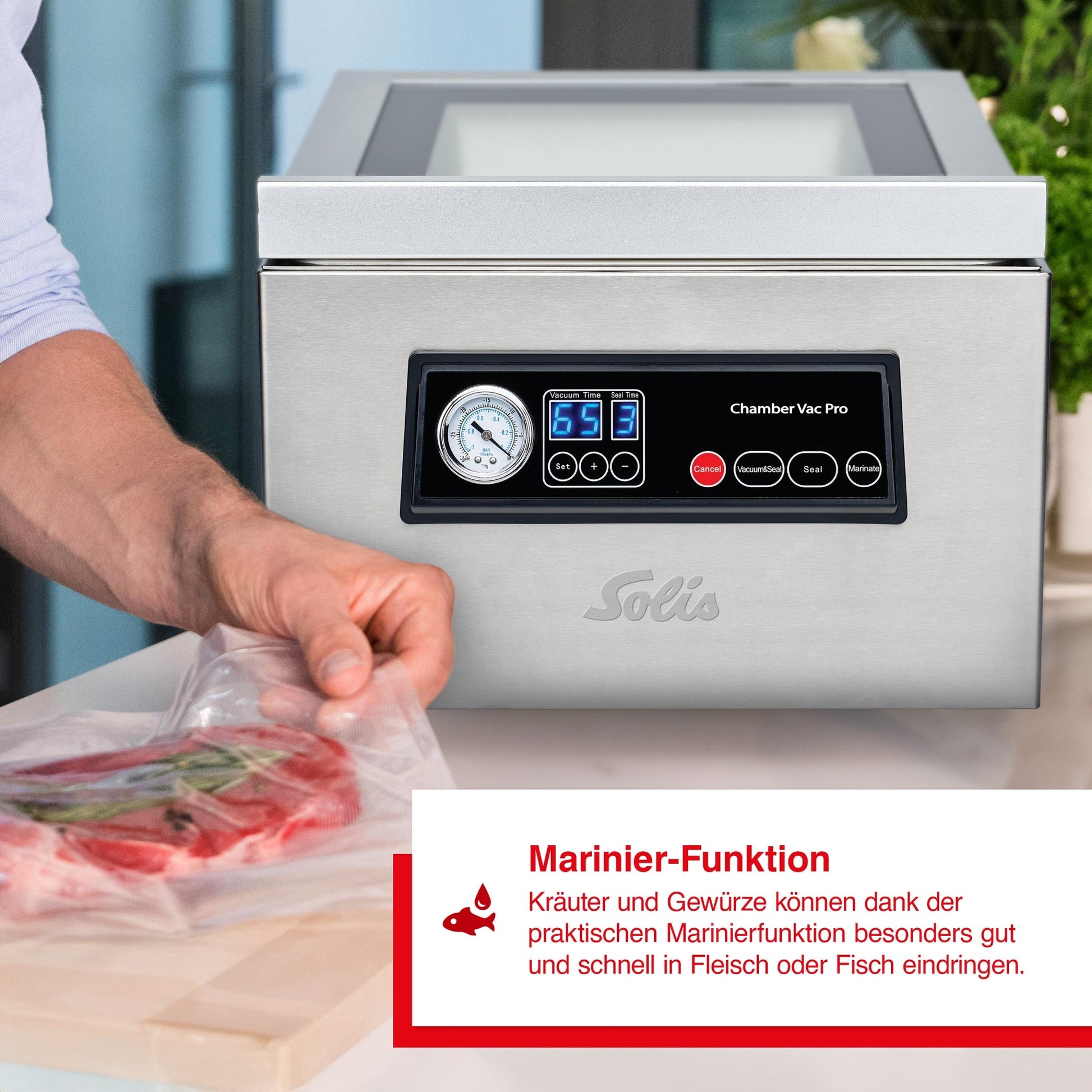 Solis Chamber Vac Pro Vakuumierer mit Marinierfunktion für Kräuter und Gewürze in Fleisch und Fisch.