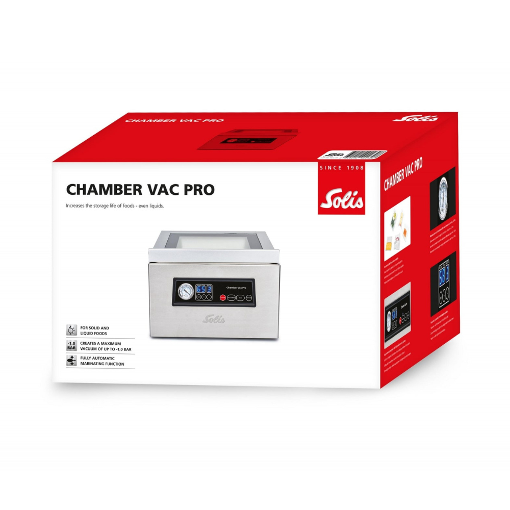 Verkaufsverpackung des Solis Chamber Vac Pro Vakuumierers mit Produktabbildungen und Funktionen.