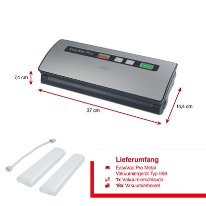 Abmessungen des Solis EasyVac Pro Silber mit Vakuumierschlauch und Beuteln