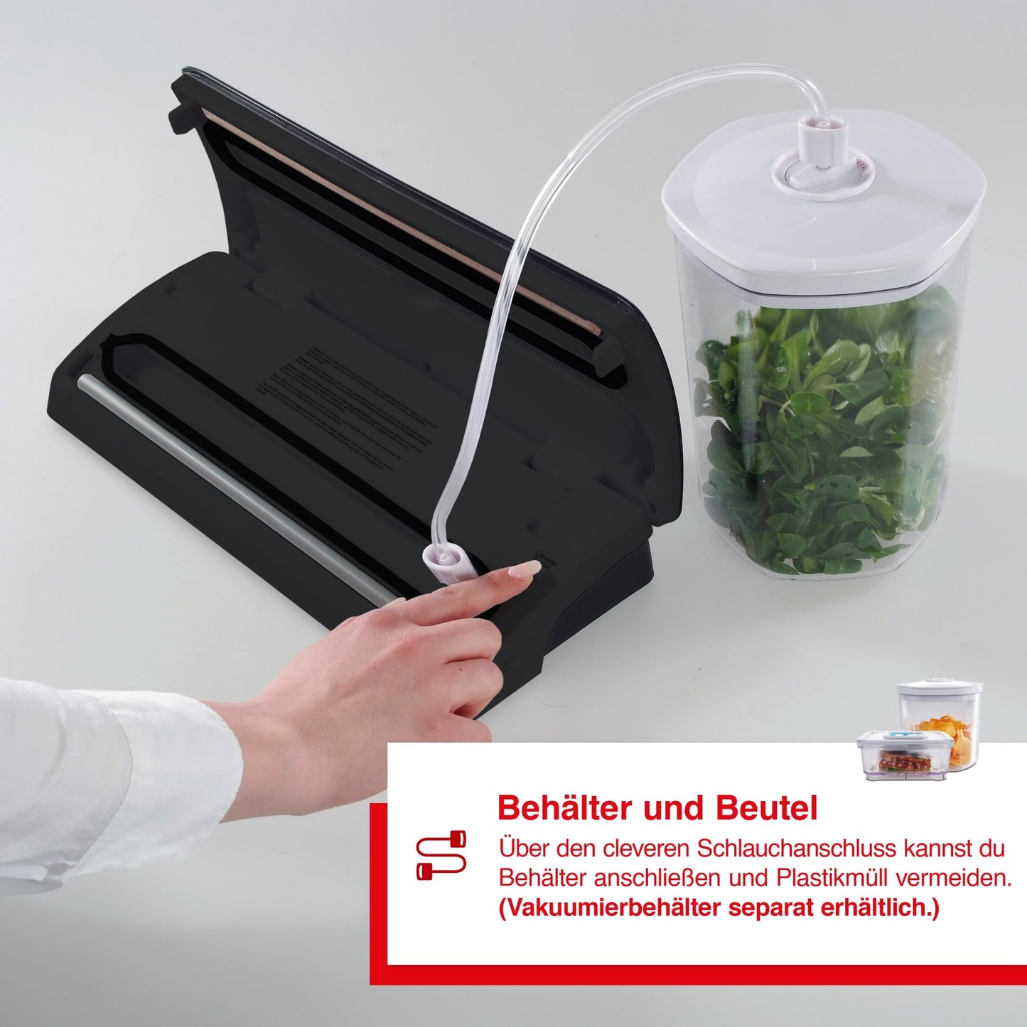 Solis EasyVac Pro Silber mit angeschlossenem Vakuumbehälter über Schlauchanschluss