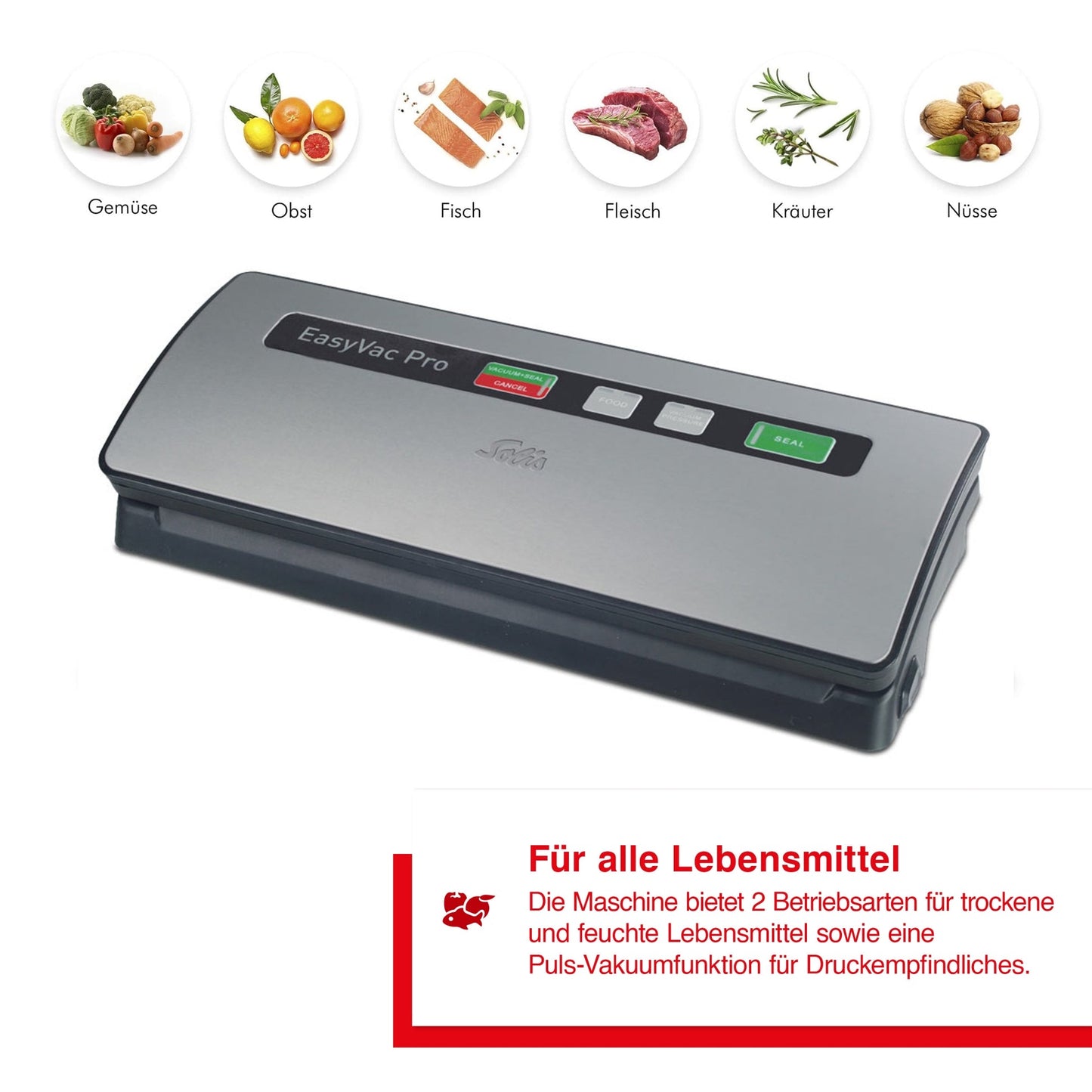 Solis EasyVac Pro Silber geeignet für alle Lebensmittel – Gemüse, Obst, Fisch, Fleisch, Kräuter und Nüsse