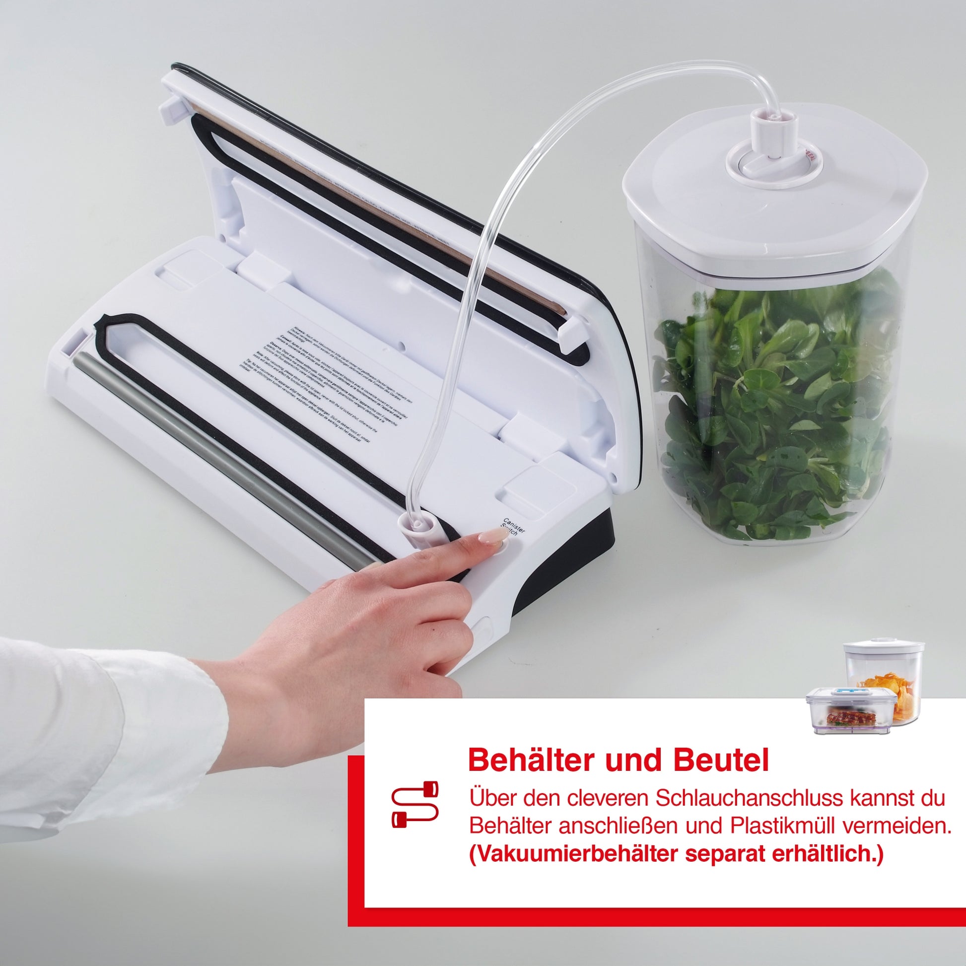 Solis EasyVac Pro mit angeschlossenem Vakuumbehälter über Schlauchanschluss
