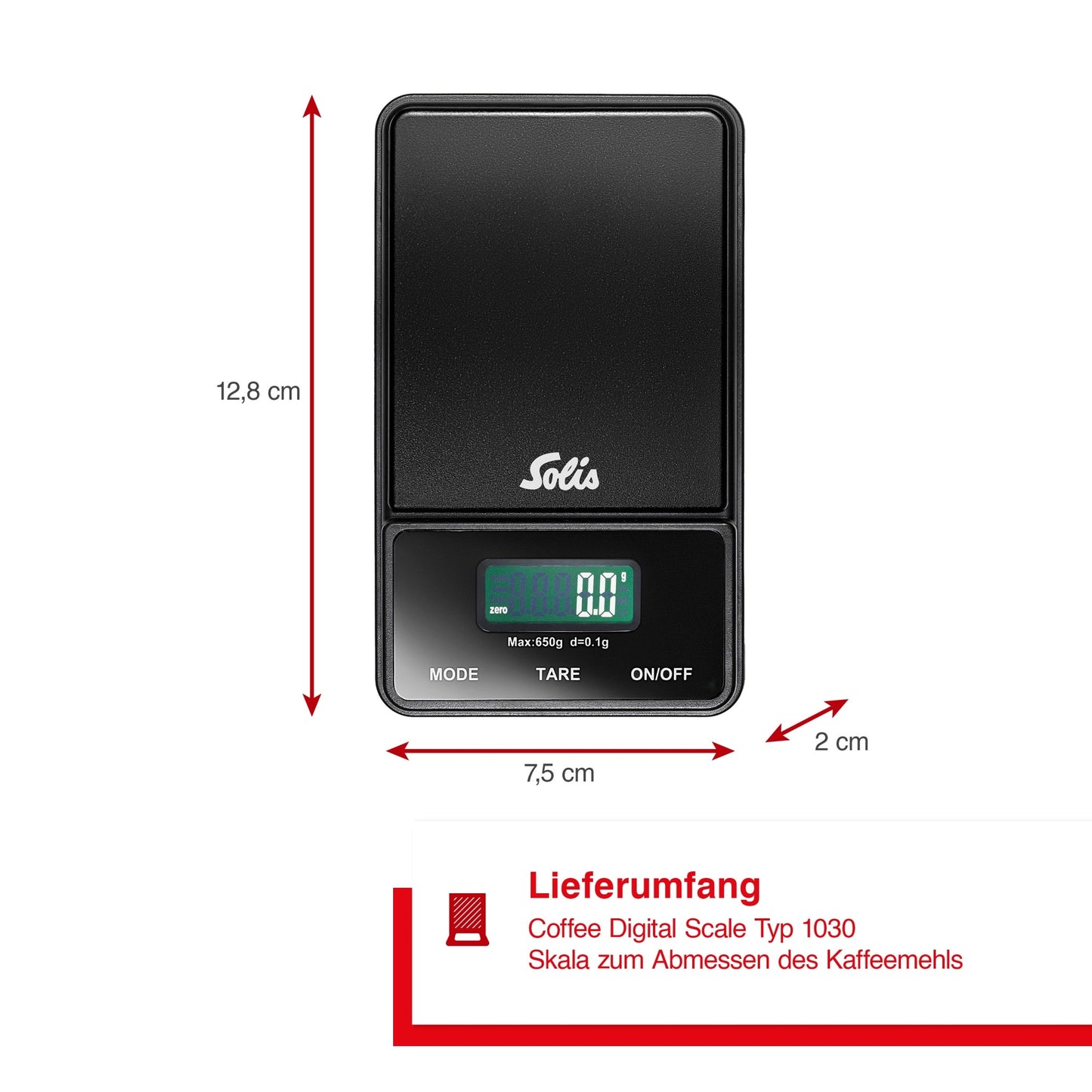 Solis Digitale Kaffeewaage mit Abmessungen 12,8 × 7,5 × 2 cm dargestellt.