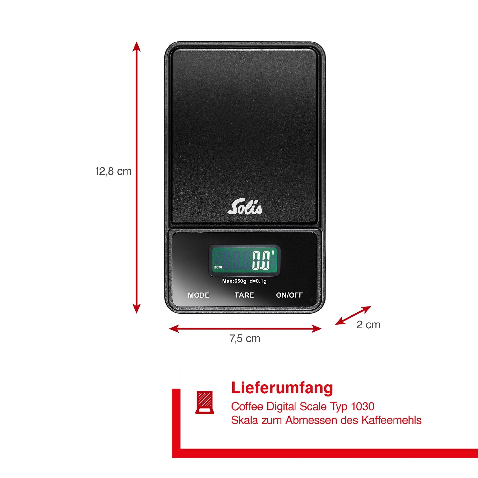Solis Digitale Kaffeewaage mit Abmessungen 12,8 × 7,5 × 2 cm dargestellt.
