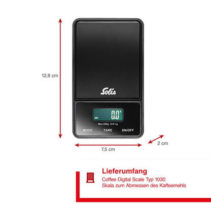 Solis Digitale Kaffeewaage mit Abmessungen 12,8 × 7,5 × 2 cm dargestellt.