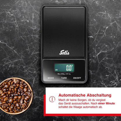 Solis Digitale Kaffeewaage mit automatischer Abschaltung nach einer Minute zur Energieeinsparung.