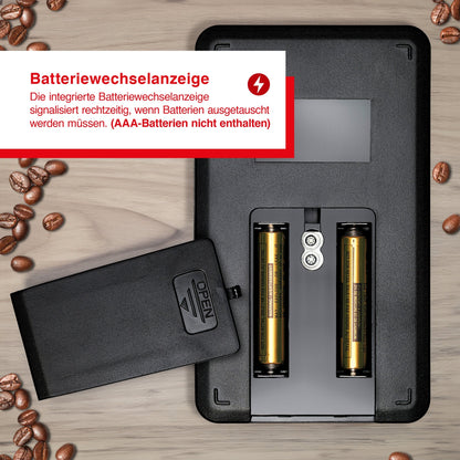 Solis Feinwaage mit geöffnetem Batteriefach und integrierter Batteriewechselanzeige.