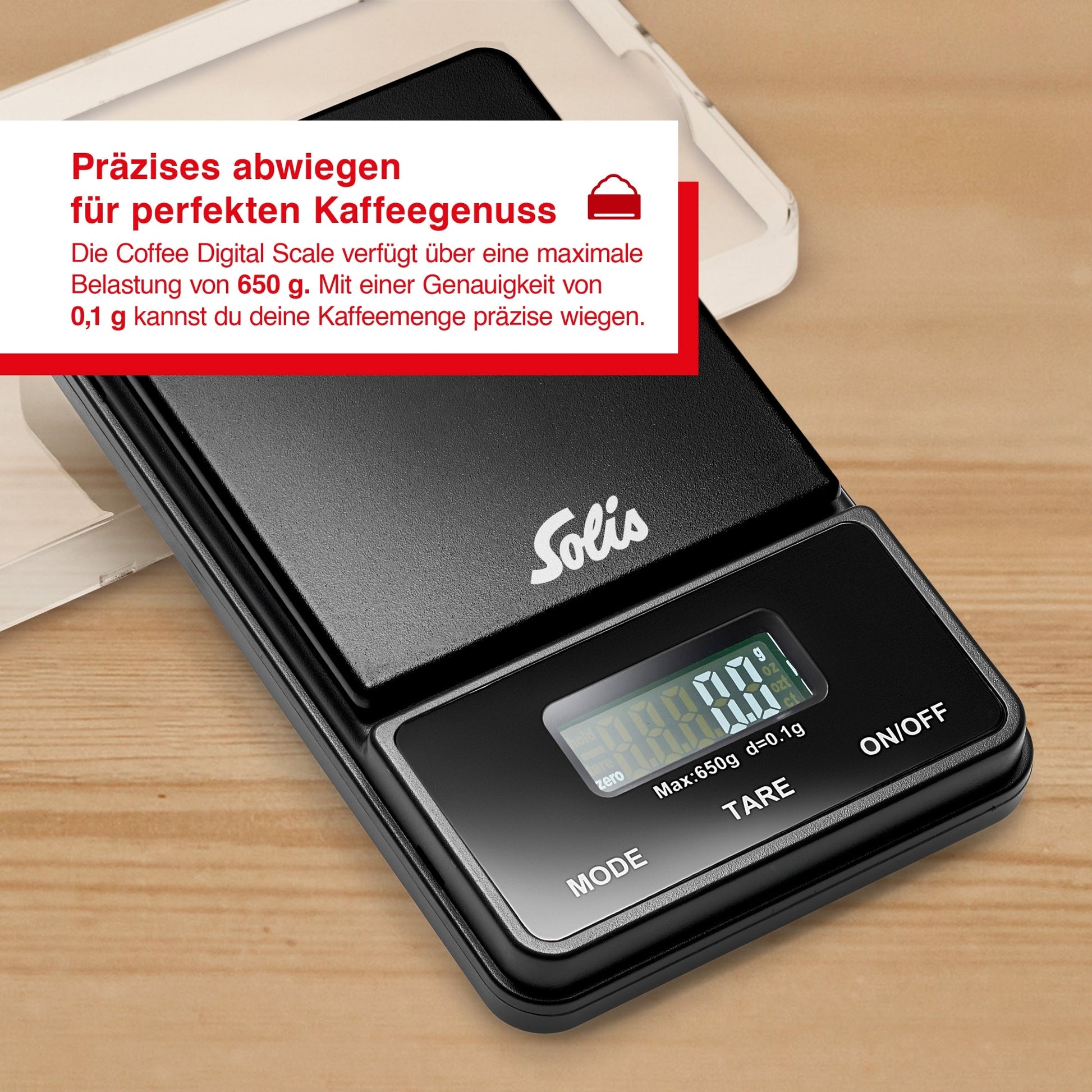 Solis Coffee Digital Scale mit 650 g Kapazität und 0,1 g Genauigkeit für präzises Kaffeewiegen.
