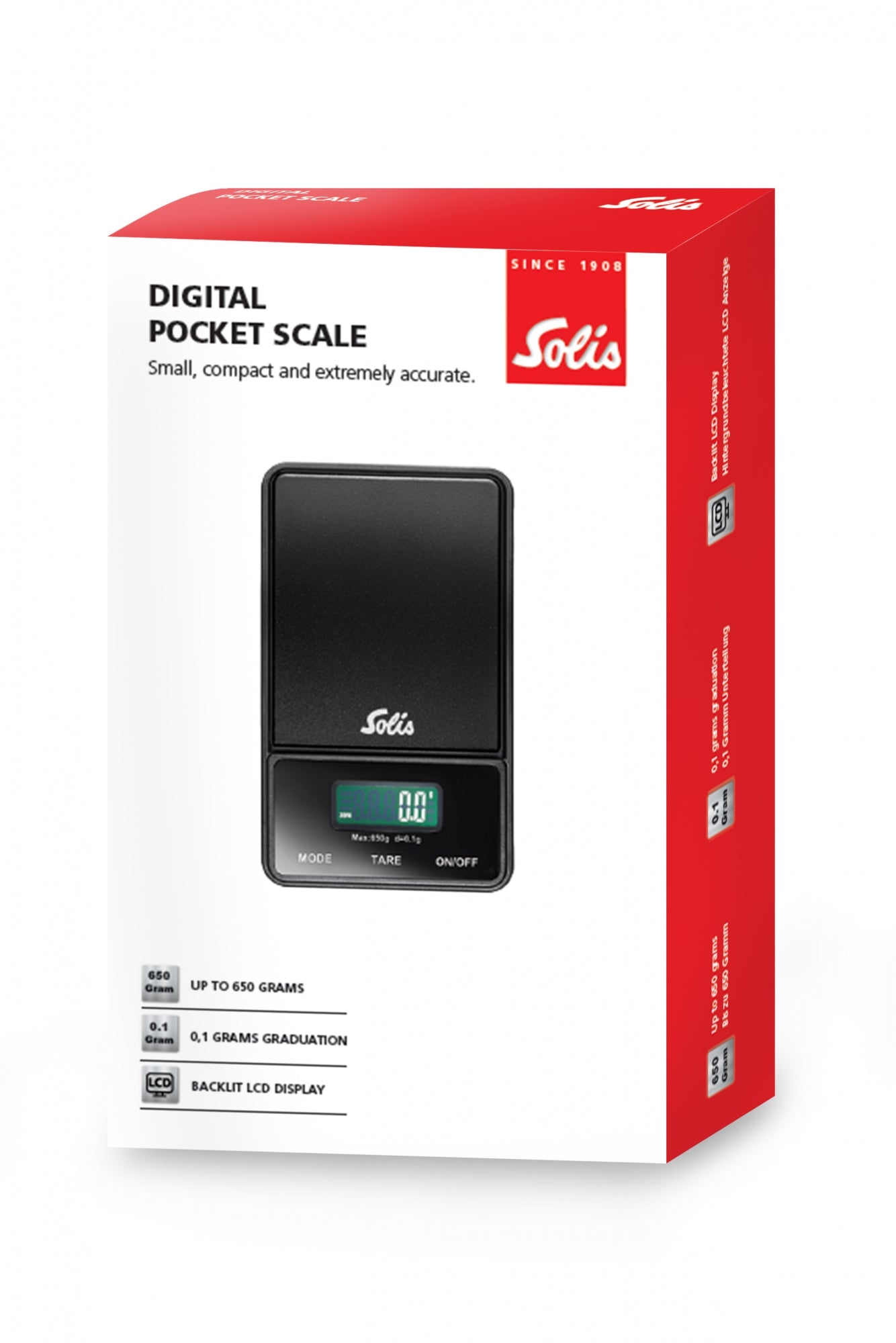 Verpackung der Solis Digital Pocket Scale mit kompaktem Design und LCD-Anzeige.