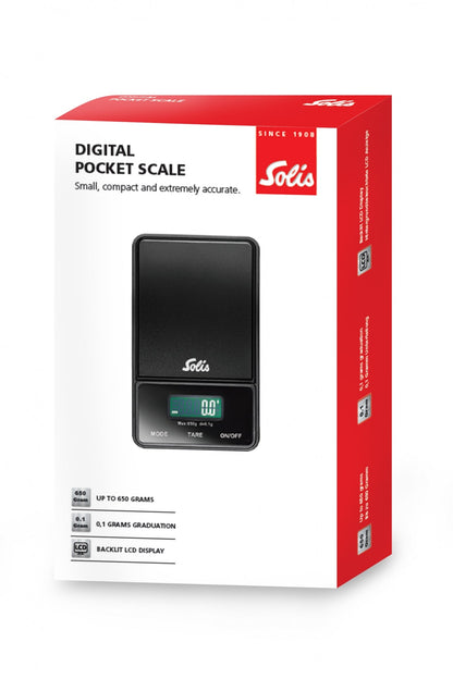 Verpackung der Solis Digital Pocket Scale mit kompaktem Design und LCD-Anzeige.