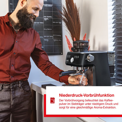 Solis Grind & Infuse Perfetta Espressomaschine Schwarz mit Niederdruck-Vorbrühfunktion für gleichmäßige Aroma-Extraktion