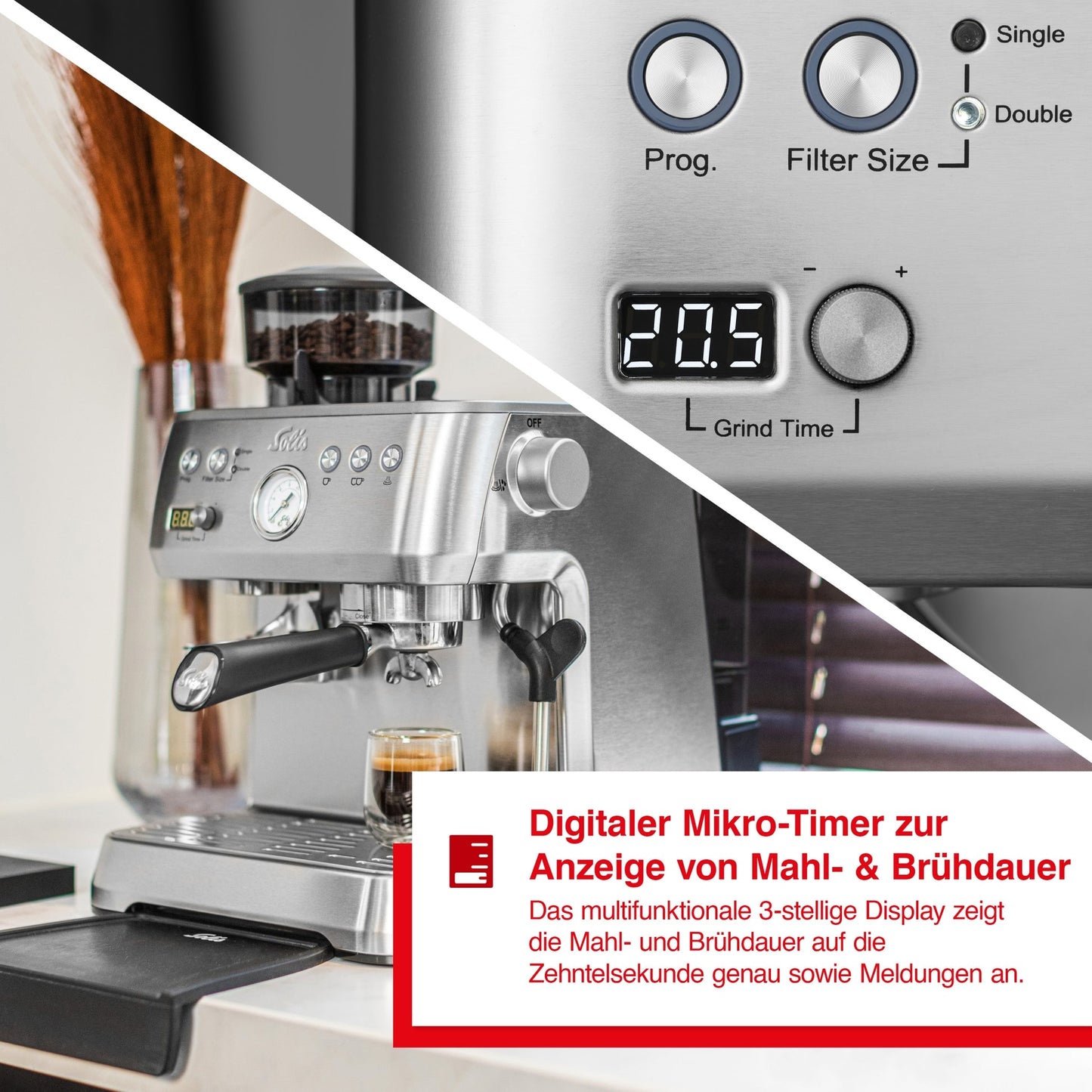 Solis Grind & Infuse Perfetta Espressomaschine mit digitalem Mikro-Timer zur Anzeige von Mahl- und Brühdauer