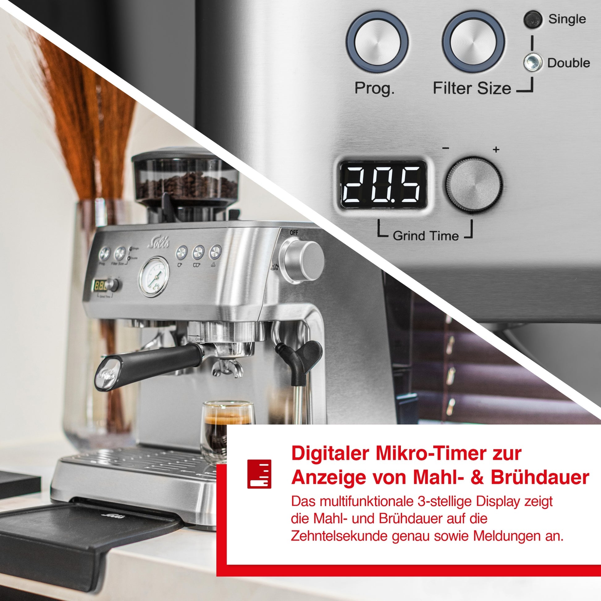 Solis Grind & Infuse Perfetta Espressomaschine mit digitalem Mikro-Timer zur Anzeige von Mahl- und Brühdauer