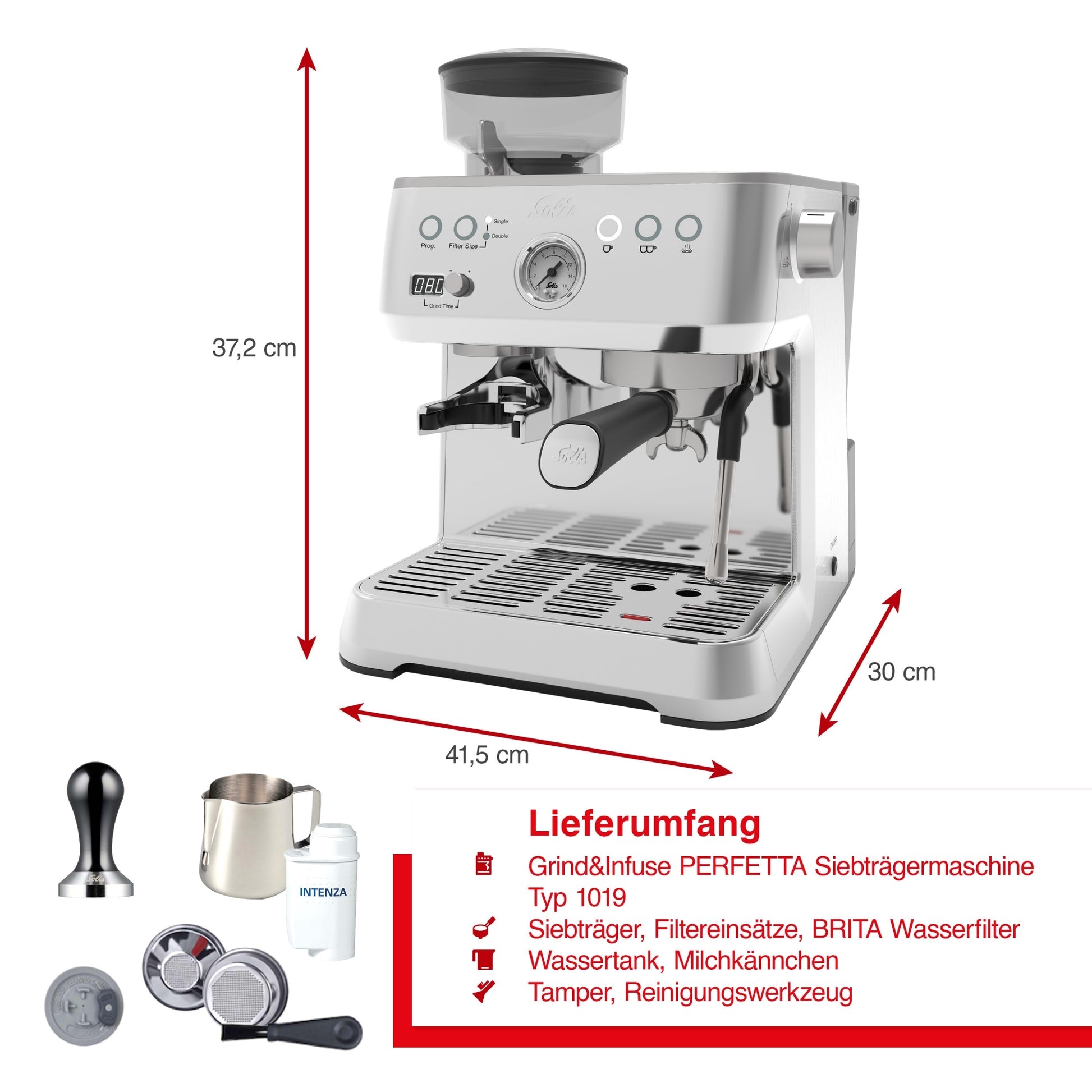 Solis Grind & Infuse Perfetta Espressomaschine mit Zubehör wie Siebträger, BRITA Wasserfilter, Milchkännchen und Tamper