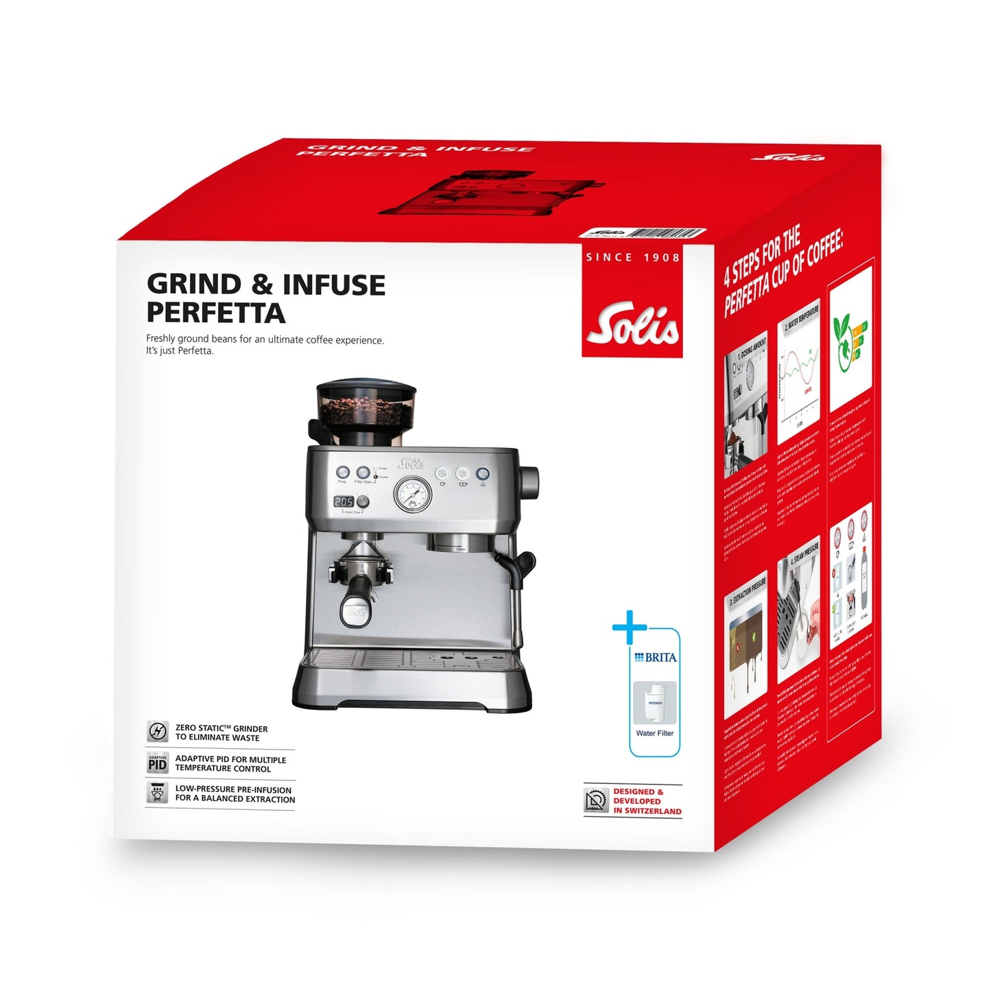 Solis Grind & Infuse Perfetta Espressomaschine Produktverpackung mit BRITA Wasserfilter und technischen Features