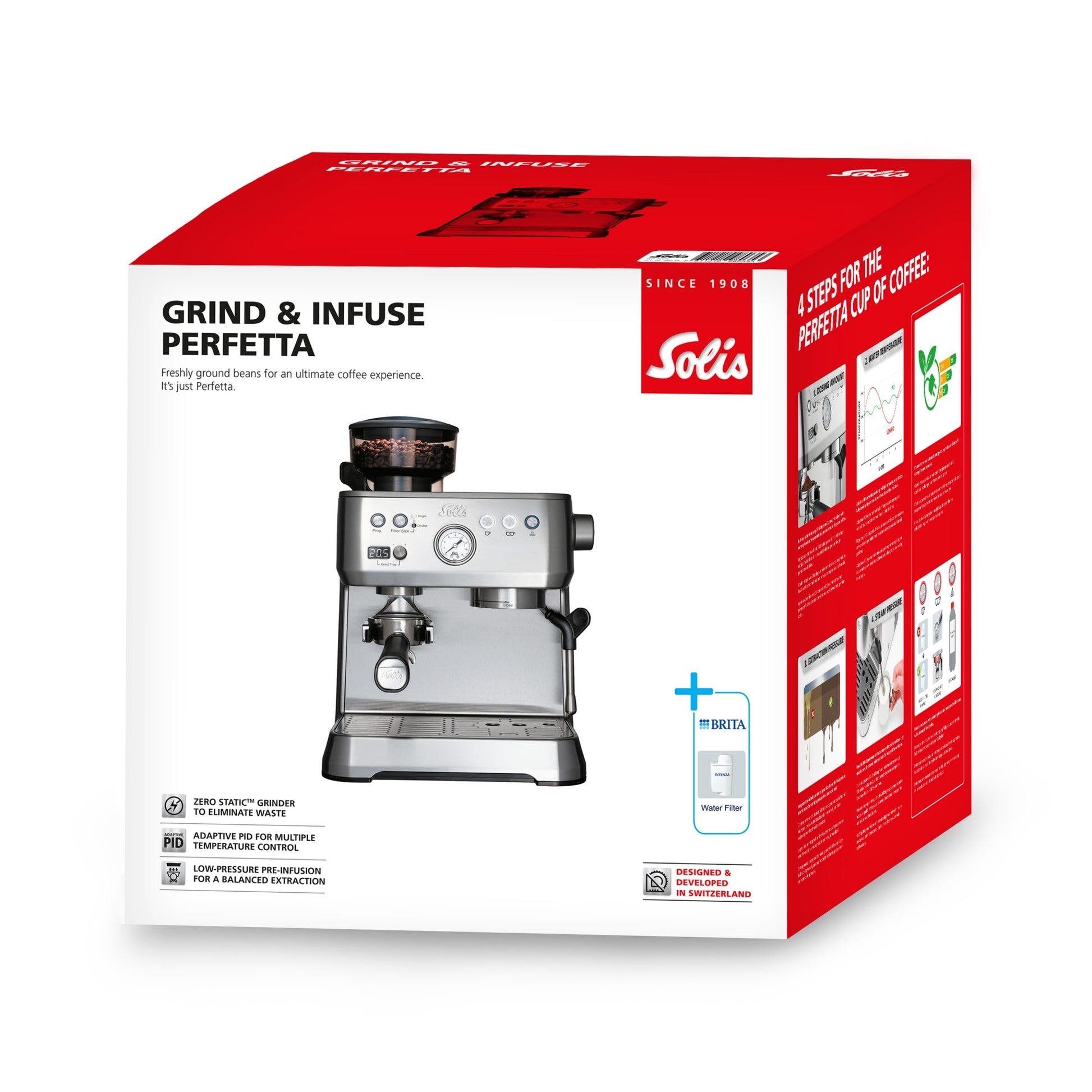 Solis Grind & Infuse Perfetta Espressomaschine Produktverpackung mit BRITA Wasserfilter und technischen Features