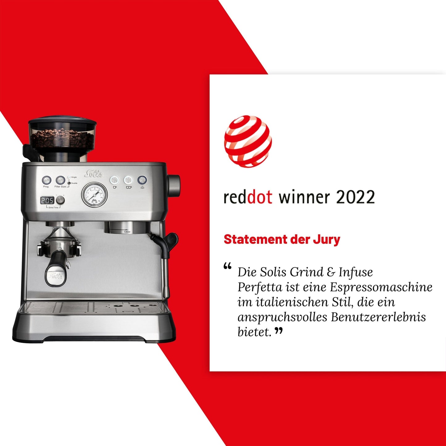 Solis Grind & Infuse Perfetta Espressomaschine – Red Dot Design Award Gewinner 2022 im italienischen Stil