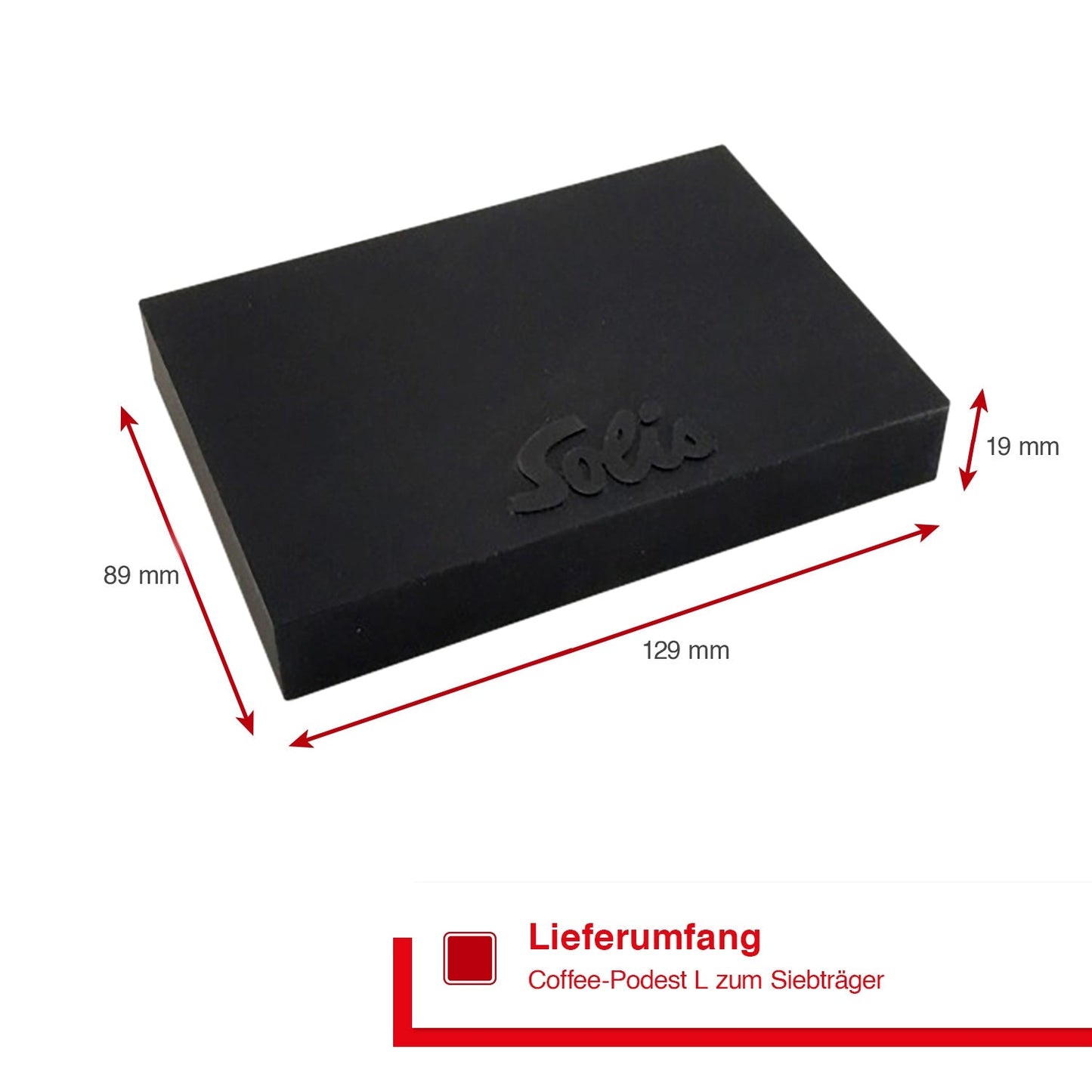 Solis Kaffee-Podest L mit Abmessungen 129 x 89 x 19 mm dargestellt.