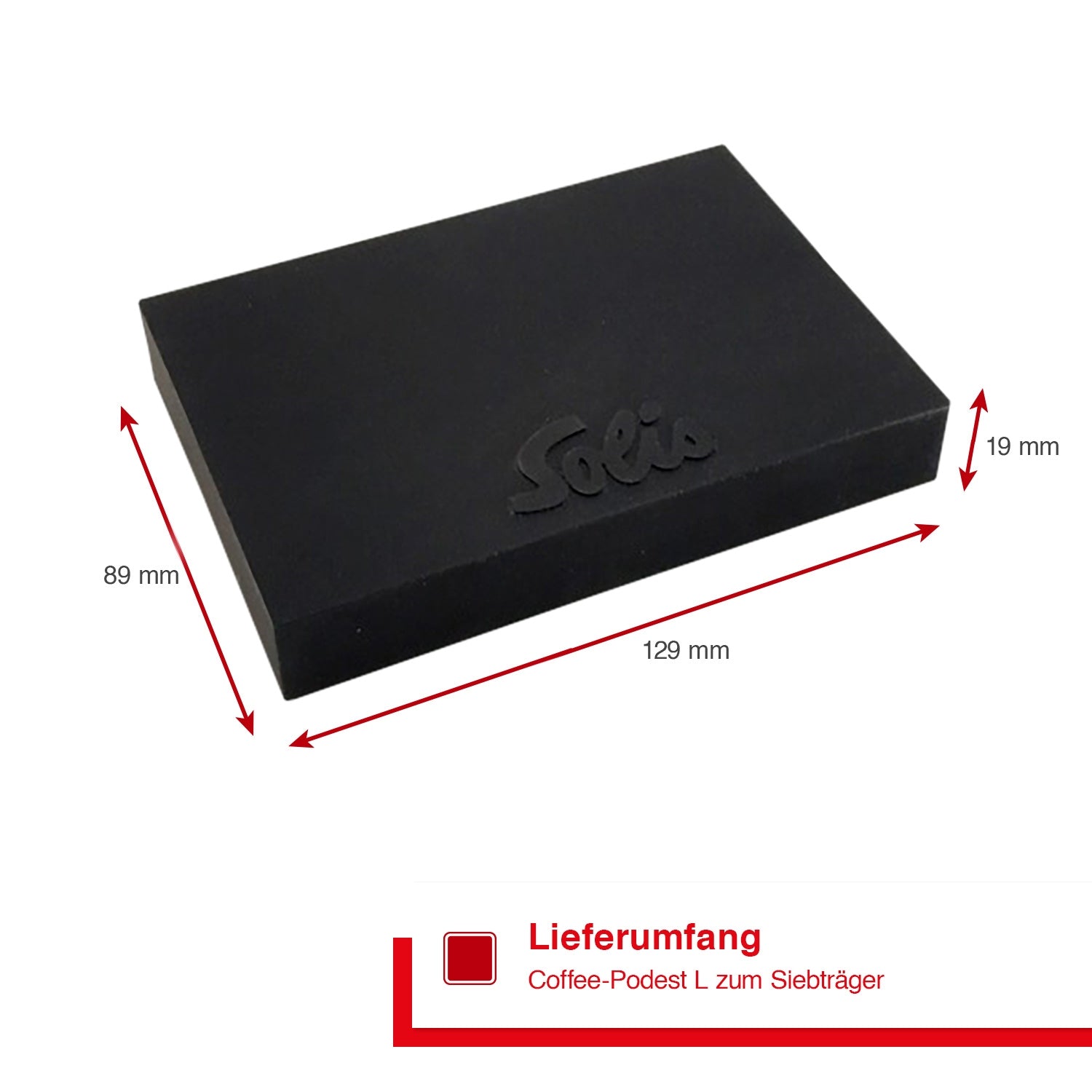 Solis Kaffee-Podest L mit Abmessungen 129 x 89 x 19 mm dargestellt.