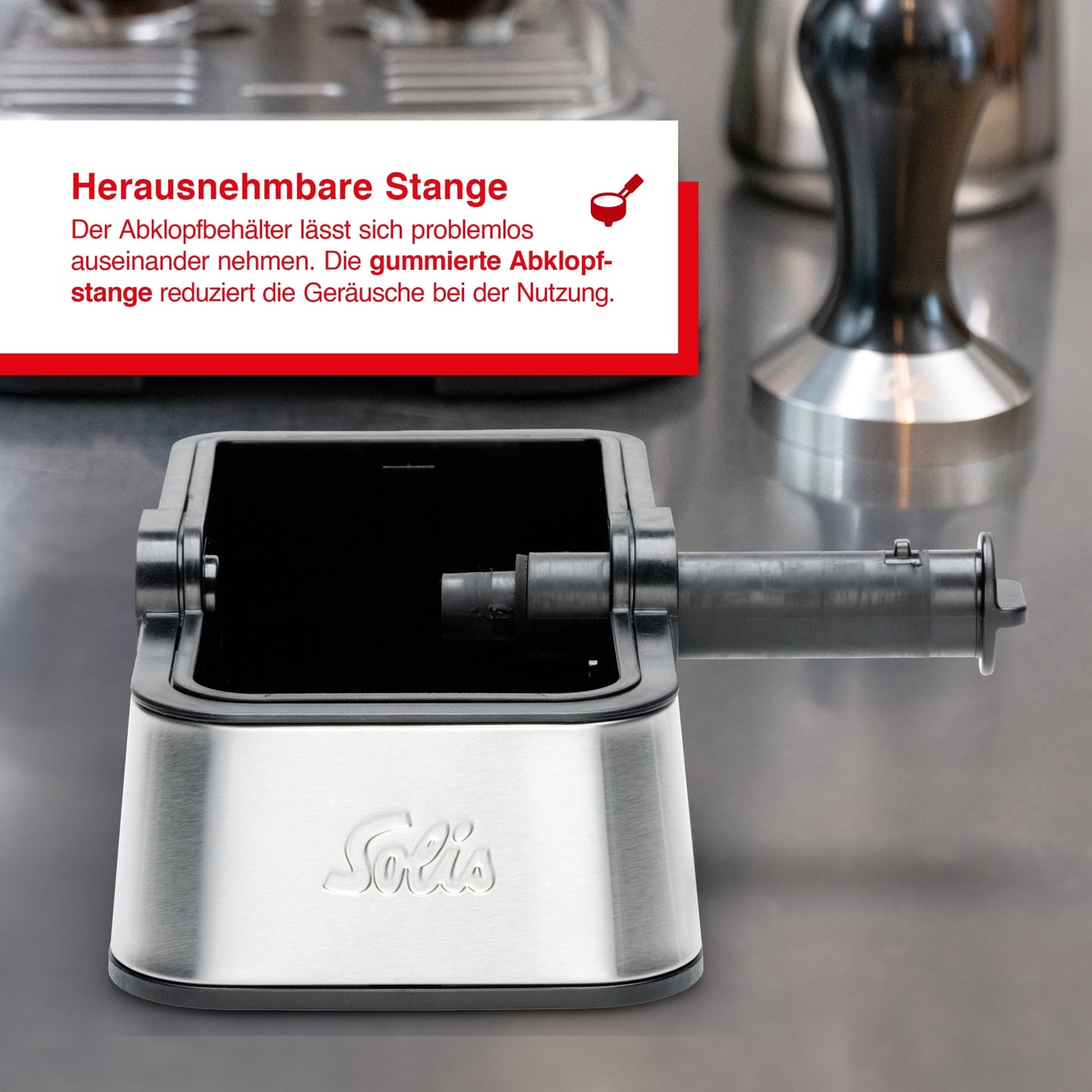 Solis Perfetta Ausklopfschale mit Hinweis auf herausnehmbare Abklopfstange