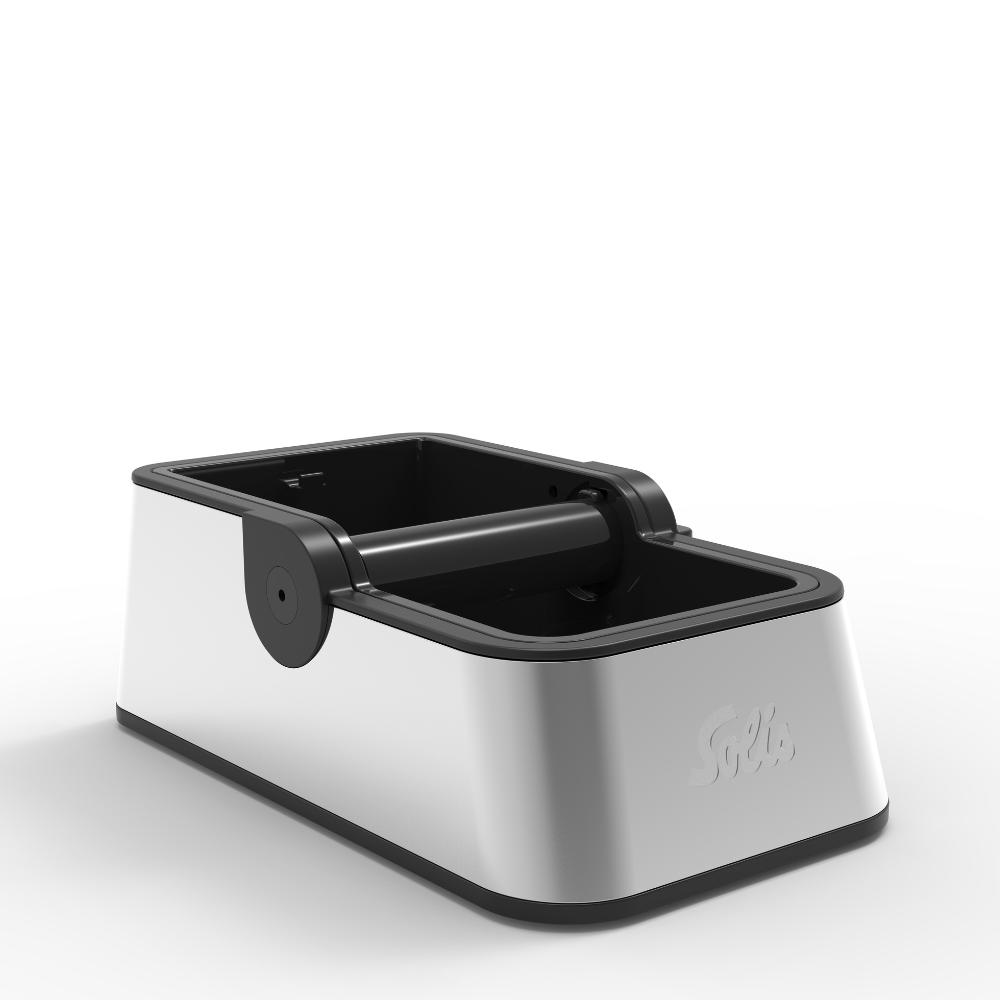 Linke Seitenansicht der Solis Perfetta Ausklopfschale aus Edelstahl