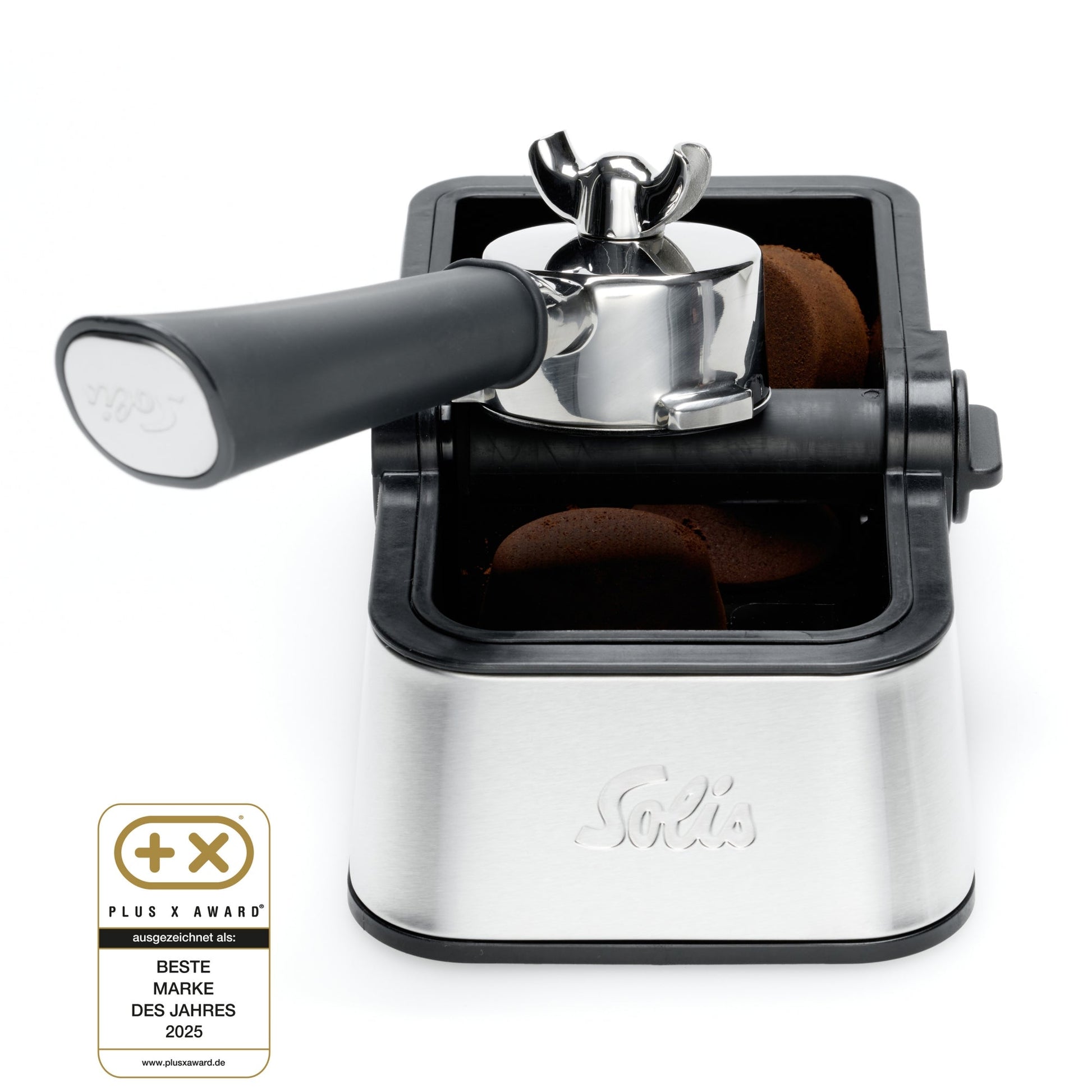 Solis Perfetta Ausklopfschale mit Siebträger und Plus X Award 2025 Logo
