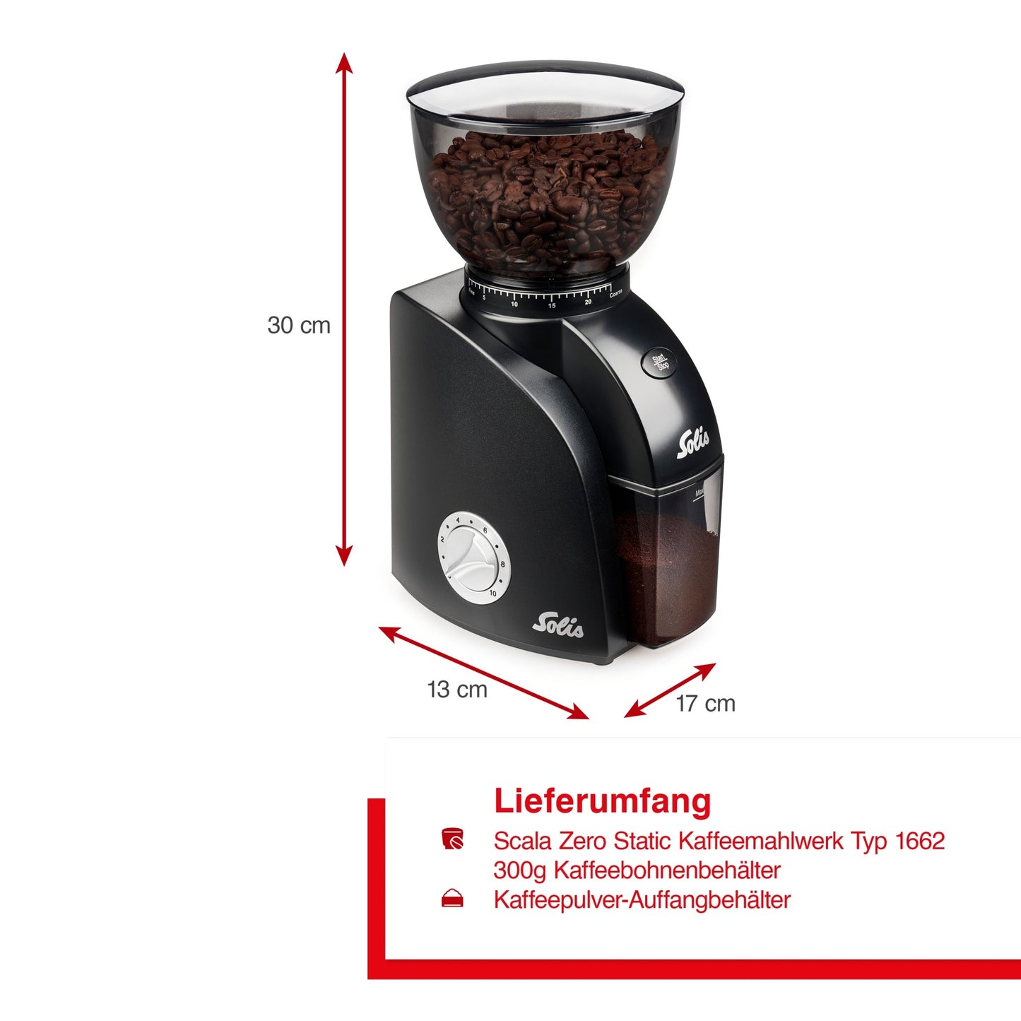 Solis Scala Zero Static Kaffeemühle mit Abmessungen und Lieferumfang (300 g Bohnenbehälter und Kaffeepulverbehälter)