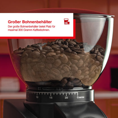 Großer Bohnenbehälter der Solis Scala Zero Static Kaffeemühle für bis zu 300 Gramm Kaffeebohnen