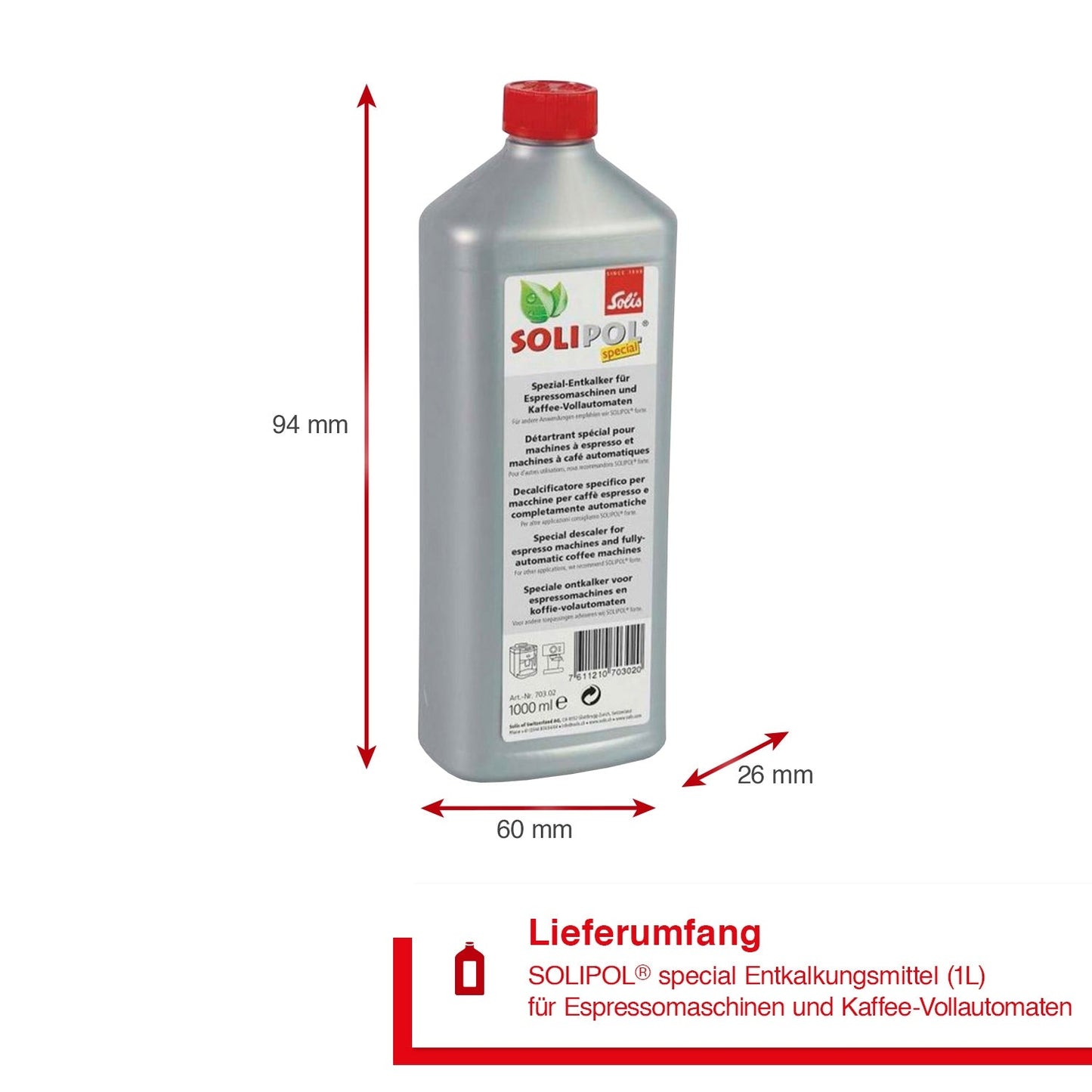 Solis Solipol Special Entkalker 1L Flasche mit Abmessungen 94 × 60 × 26 mm.