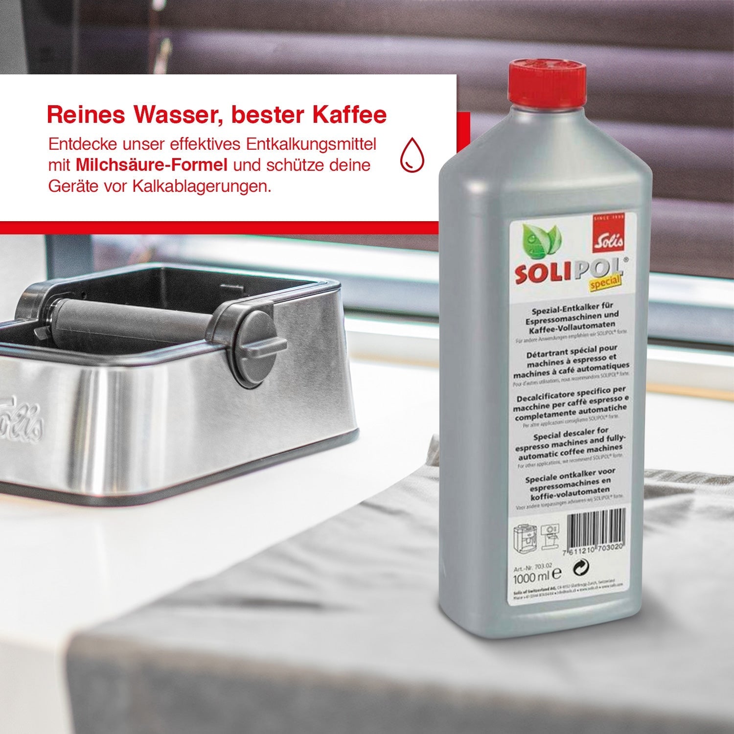 Solis Solipol Entkalker mit Milchsäure-Formel schützt Geräte vor Kalkablagerungen.