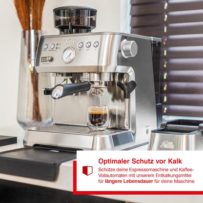 Solis Solipol Entkalker schützt Espressomaschinen vor Kalk und verlängert die Lebensdauer.