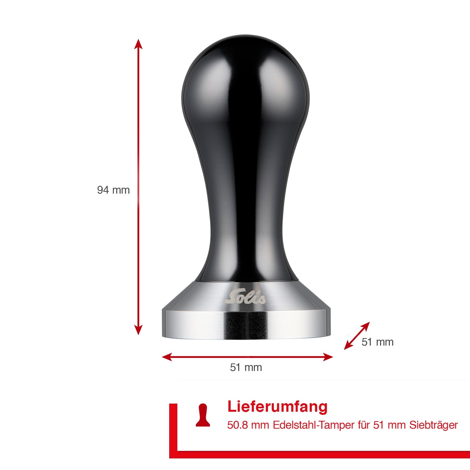 Solis 51-mm-Edelstahl-Tamper mit 94 mm Höhe, Abmessungen dargestellt.