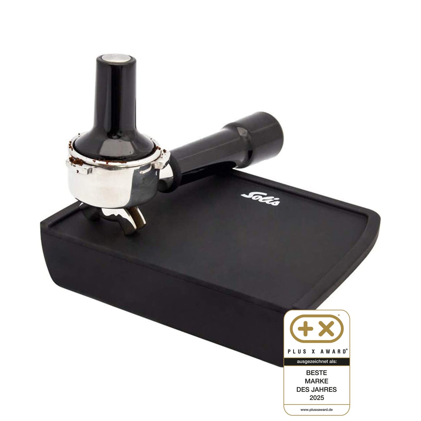Solis Tampingmatte mit Tamper, Siebträger und Plus X Award Auszeichnung