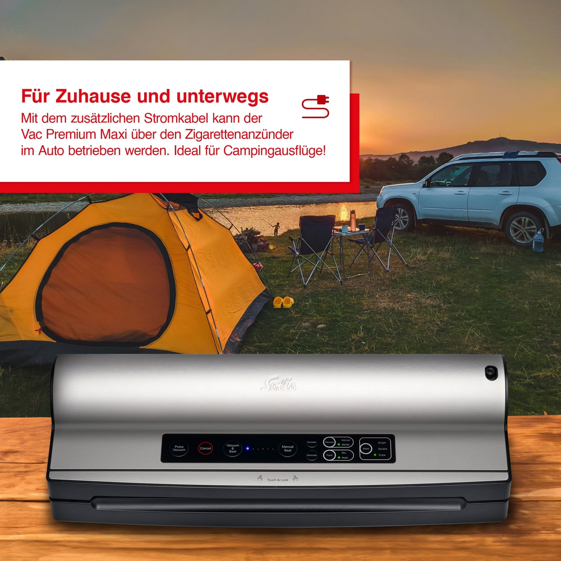 Solis Vac Prestige Maxi Vakuumierer für Zuhause und unterwegs, ideal für Camping mit Autoanschluss