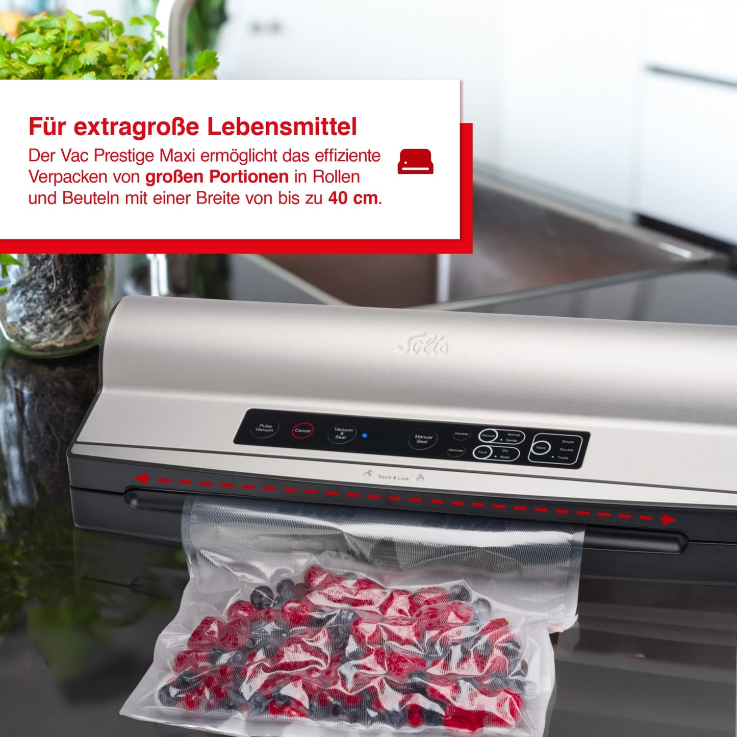 Solis Vac Prestige Maxi Vakuumierer zum Verpacken von extragroßen Portionen und 40 cm breiten Beuteln