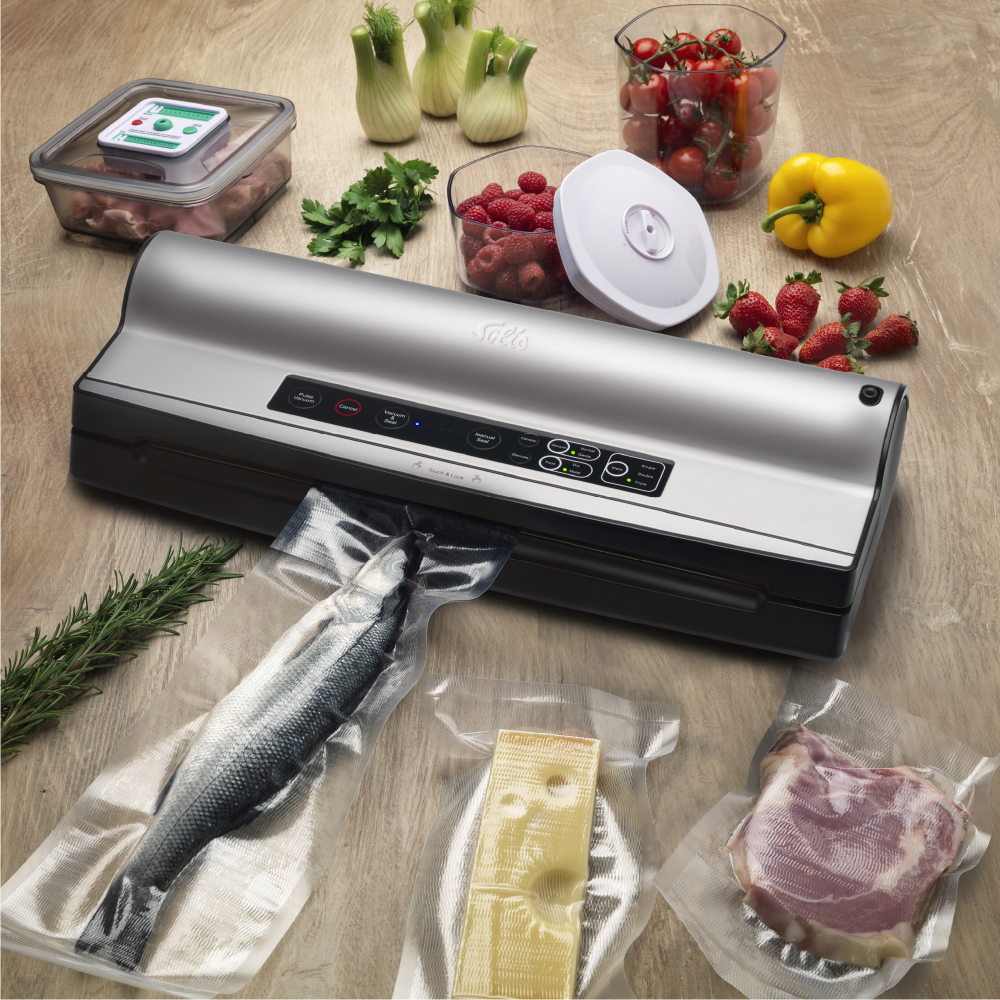 Solis Vac Prestige Maxi Vakuumierer vakuumiert verschiedene Lebensmittel wie Fisch, Käse und Fleisch