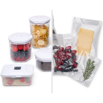 Vakuumbehälter und Vakuumbeutel mit verschiedenen Lebensmitteln für den Solis Vac Prestige Maxi