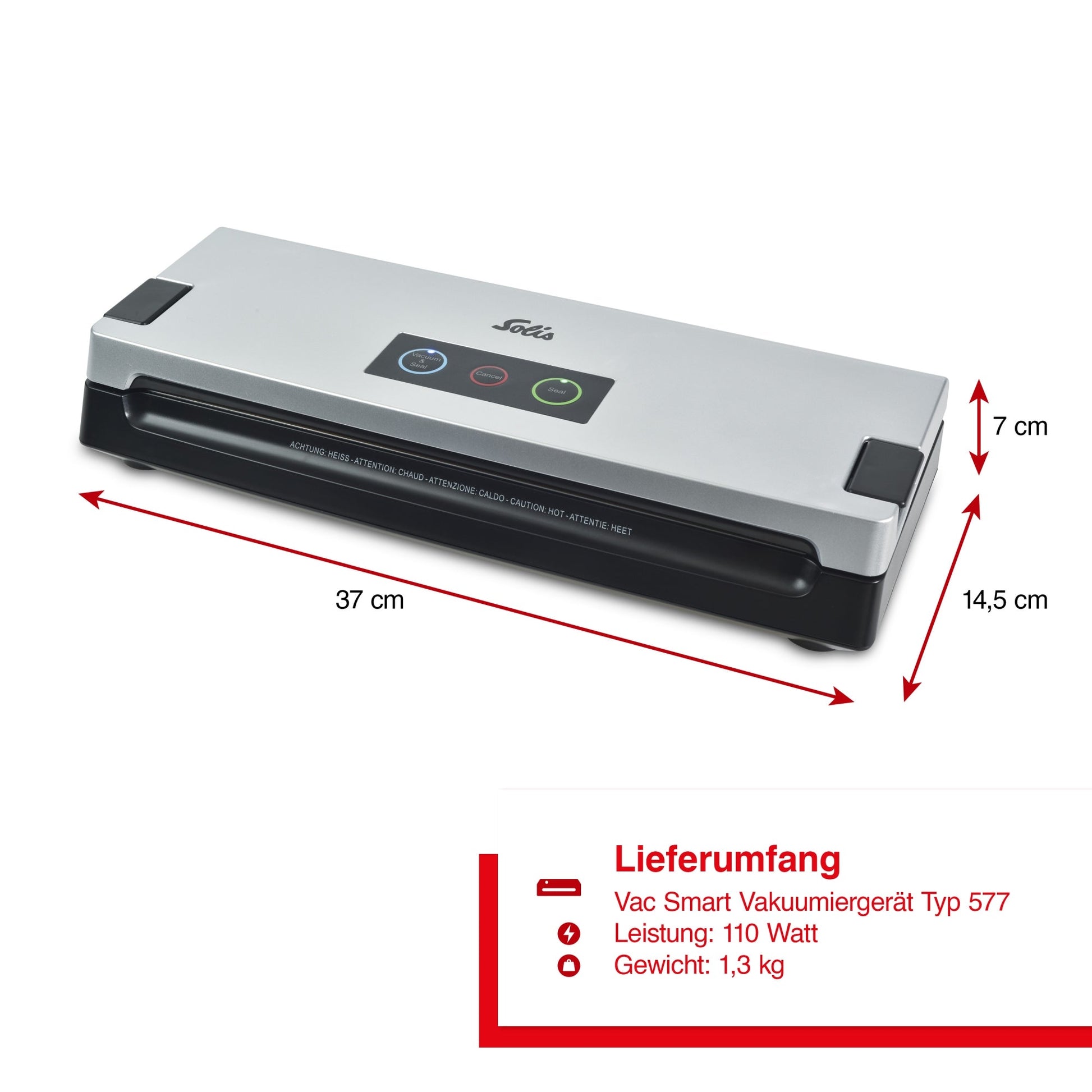 Solis Vac Smart Vakuumierer mit Abmessungen 37 x 14.5 x 7 cm, Leistung 110 Watt und Gewicht 1.3 kg