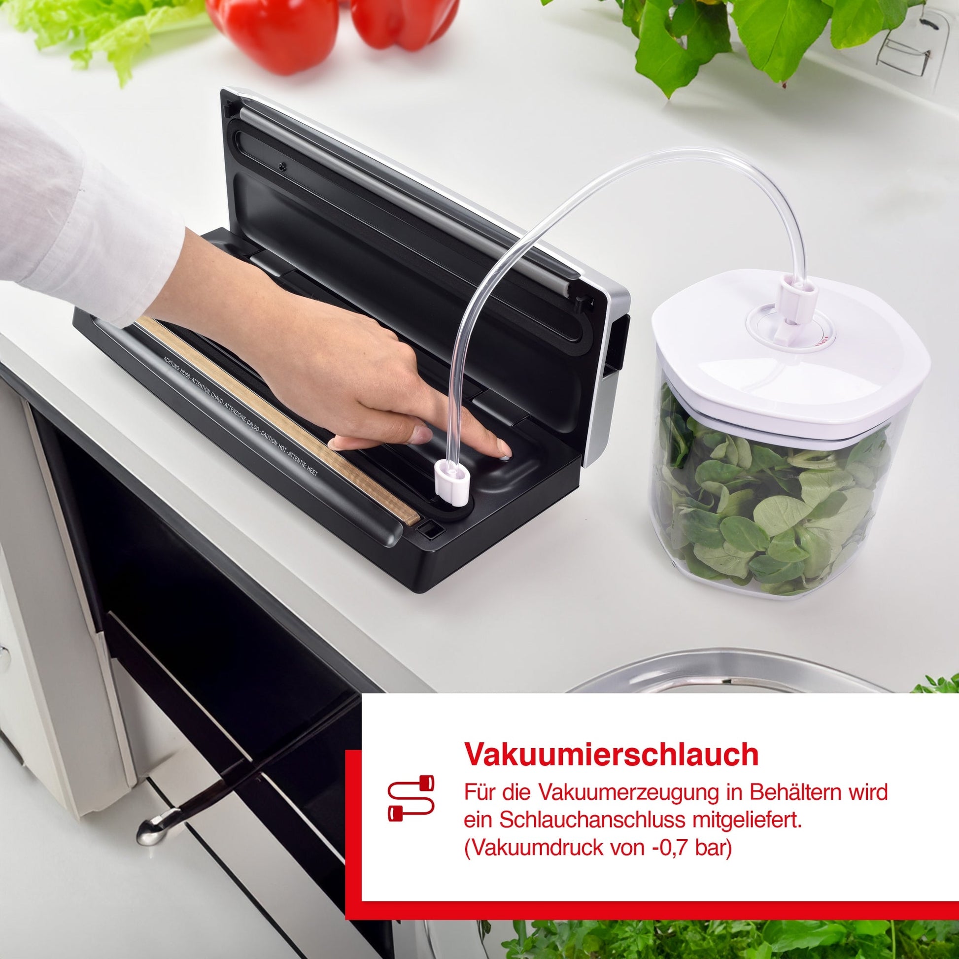 Solis Vac Smart Vakuumierer mit Vakuumierschlauch und Behälter zur Aufbewahrung von frischem Gemüse