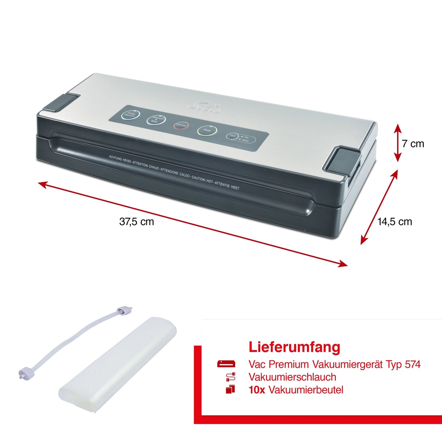 Solis Vac Premium Vakuumierer mit Abmessungen, Vakuumierschlauch und 10 Vakuumbeuteln im Lieferumfang