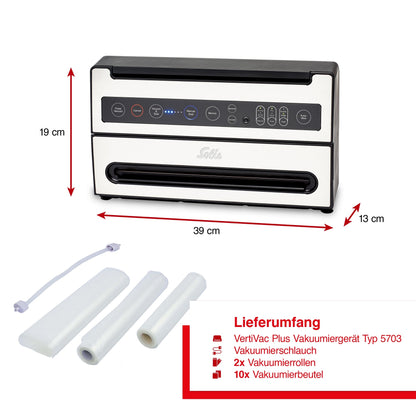 Solis VertiVac Plus mit Abmessungen, Vakuumierschlauch, Rollen und Beuteln im Lieferumfang